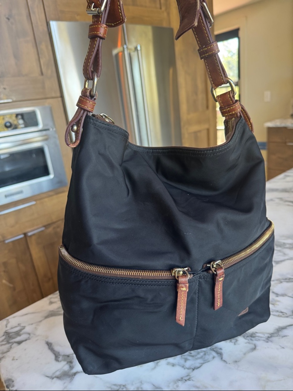 Dooney Bourke Nylon Shoulder Bag with Brown Leather Trim & Pink Lining